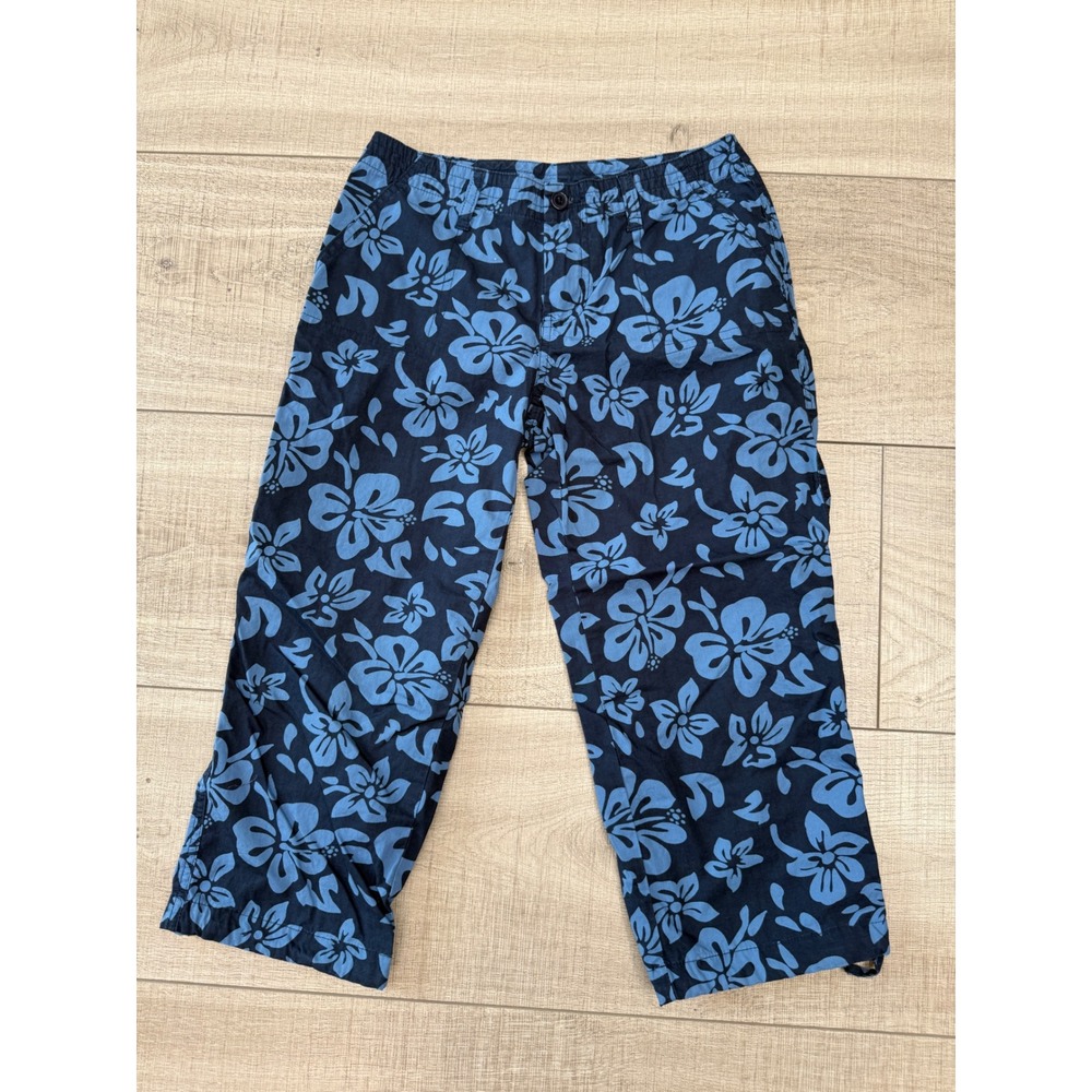 SO Blue Hawaiian Floral Capri Pants Y2K Tropical Cotton Beach Vacation Size 0